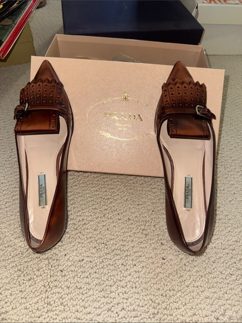 Prada Brown Pointed Leather Kiltie Loafers size 38 - Picture 2 of 4